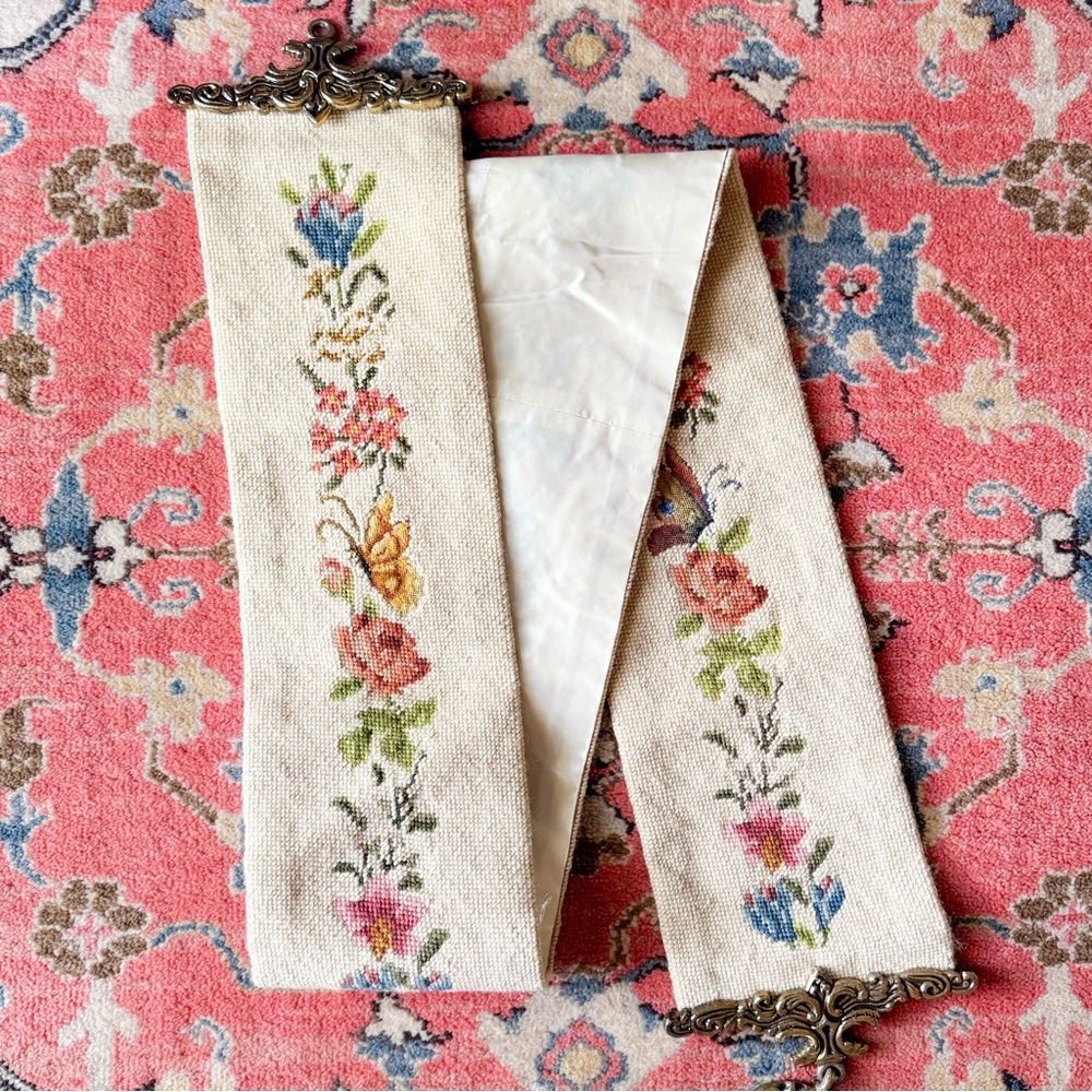 5ft Vintage Needlepoint Bell Pull Floral Butterflies Brass Hardware Flowers